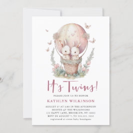 ピンク風船蝶双子女の子ベビーシャワー 招待状