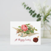 ピンク飛んでいるのバラとイースターの卵を持つ鳩 シーズンポストカード (スタンド正面)