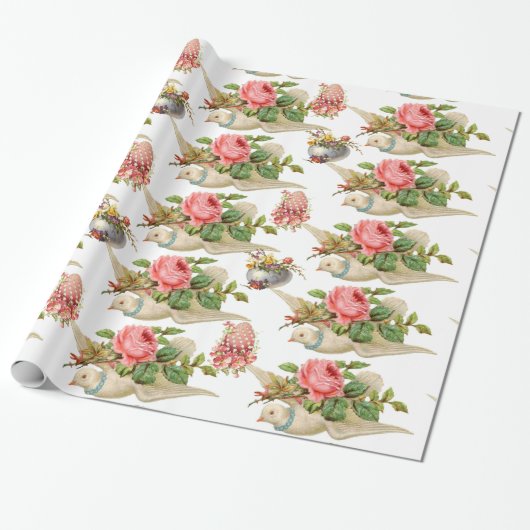 ピンク飛んでいるのバラとフローラのイースターエッグを持つ鳩 ラッピングペーパー (アンロールド)