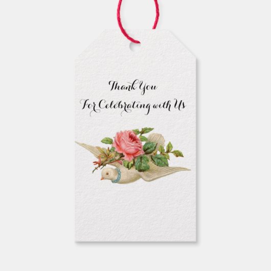 ピンク飛んでいるのバラのバレンタインデーで鳩 ギフトタグ (裏面)