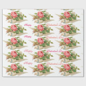 ピンク飛んでいるのバラのバレンタインデーを持つ鳩 ラッピングペーパー (フラット)