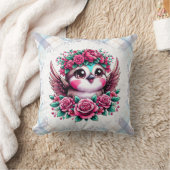 ピンク飛んでいるのバラを持つペンギン クッション (ブランケット)