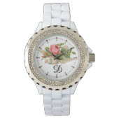 ピンク飛んでいるのローズモノグラムを持つ鳩 腕時計 (正面)