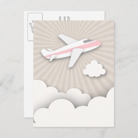ピンク飛行機の誕生日パーティーはがき インビテーションポストカード (正面/裏面)