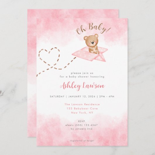 ピンク飛行機クマ赤ちゃんシャワー招待状 招待状 (正面/裏面)