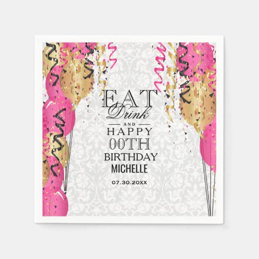 ピンク食べの風船-，飲み物とハッピー00誕生日 スタンダードカクテルナプキン (正面)