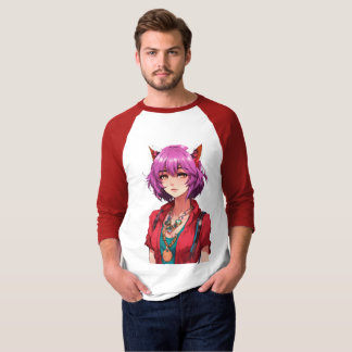 ピンク髪のアニメ狐耳少女 ファンタジーアート Tシャツ