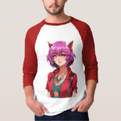 ピンク髪のアニメ狐耳少女 ファンタジーアート Tシャツ (正面)