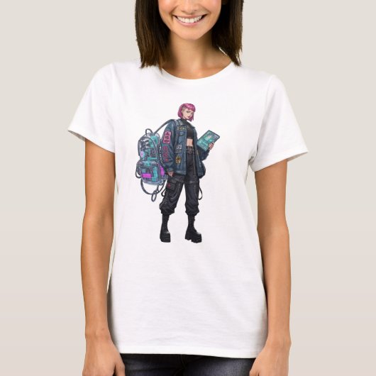 ピンク髪のサイバーパンクテクノロジーガールポスター Tシャツ (正面)