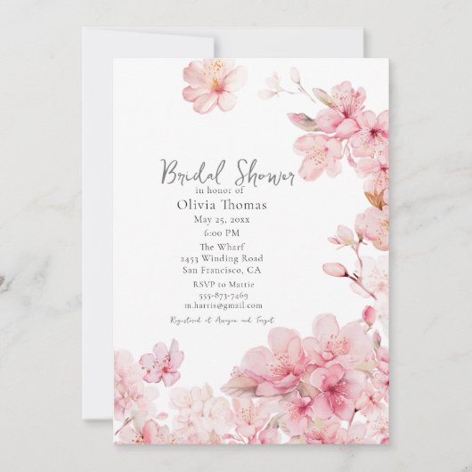 ピンク魅力的さくらんぼ花ブライダルシャワー 招待状 (正面)