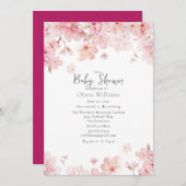 ピンク魅力的さくらんぼ花花ベビーシャワー 招待状 (正面/裏面)