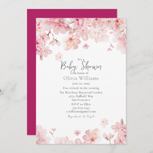 ピンク魅力的さくらんぼ花花ベビーシャワー 招待状 (正面/裏面)