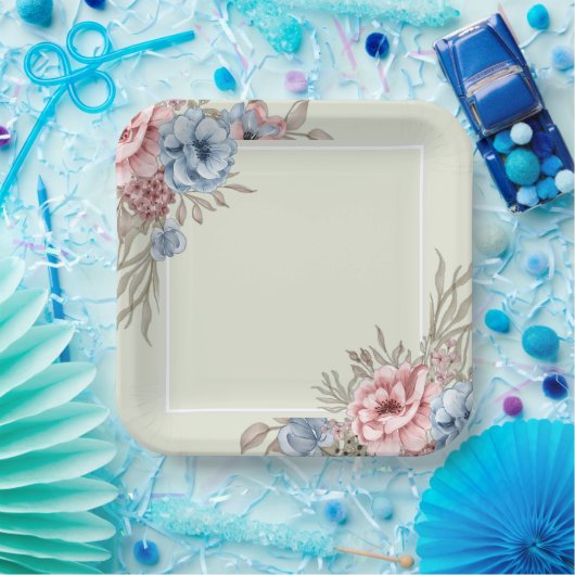 ピンク魅力的とブルーのフローラスクエア結婚ズ ペーパープレート (パーティー)