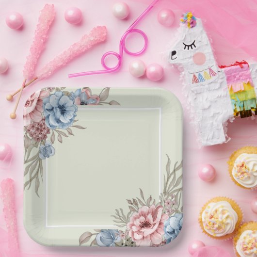 ピンク魅力的とブルーのフローラスクエア結婚ズ ペーパープレート (パーティー)