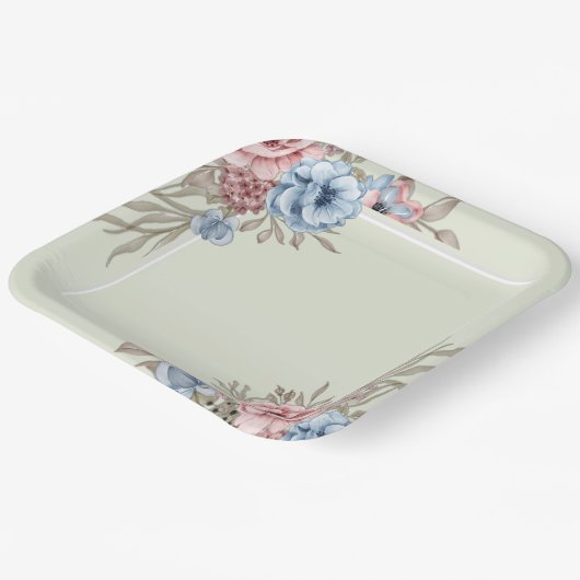 ピンク魅力的とブルーのフローラスクエア結婚ズ ペーパープレート (傾斜あり)