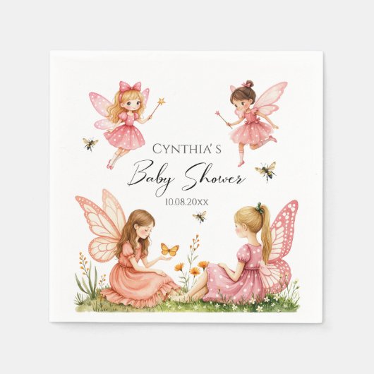 ピンク魅力的の妖精の森の赤ちゃんシャワー スタンダードカクテルナプキン (正面)