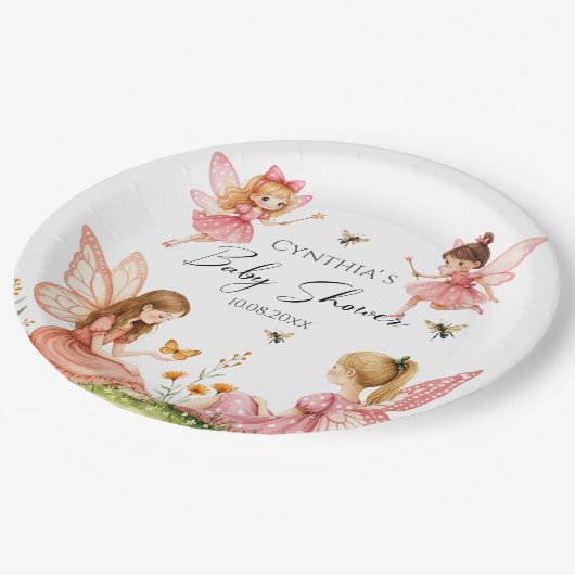 ピンク魅力的の妖精の森の赤ちゃんシャワー ペーパープレート (アングル)