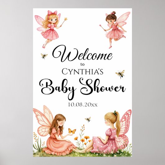 ピンク魅力的の妖精ウッドランドベビーシャワーへようこそ ポスター (正面)