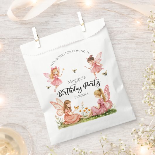 ピンク魅力的の妖精ウッドランド誕生日パーティー フェイバーバッグ (クリップ留めされた状態)