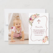 ピンク魅力的の花金ゴールドフォトガールバプテスマ サンキューカード (正面)