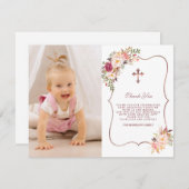 ピンク魅力的の花金ゴールドフォトガールバプテスマ サンキューカード (正面/裏面)