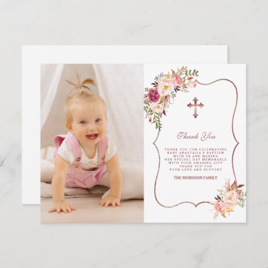 ピンク魅力的の花金ゴールドフォトガールバプテスマ サンキューカード (正面/裏面)