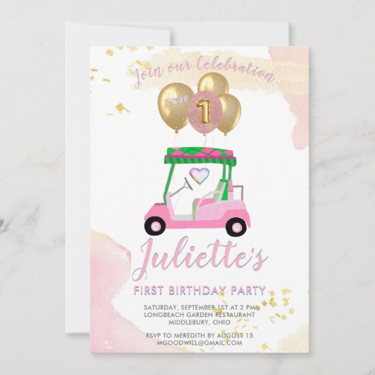 ピンク魅力的ゴルフカートファースト誕生日ガール 招待状 (正面)