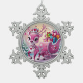 ピンク魅力的トナカイのクリスマスオーナメント スノーフレークピューターオーナメント (正面)