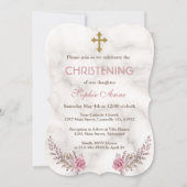ピンク魅力的フローラマーブルガール《キリスト教》洗礼式や命名式 招待状 (正面)