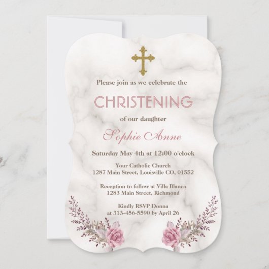 ピンク魅力的フローラマーブルガール《キリスト教》洗礼式や命名式 招待状 (正面)