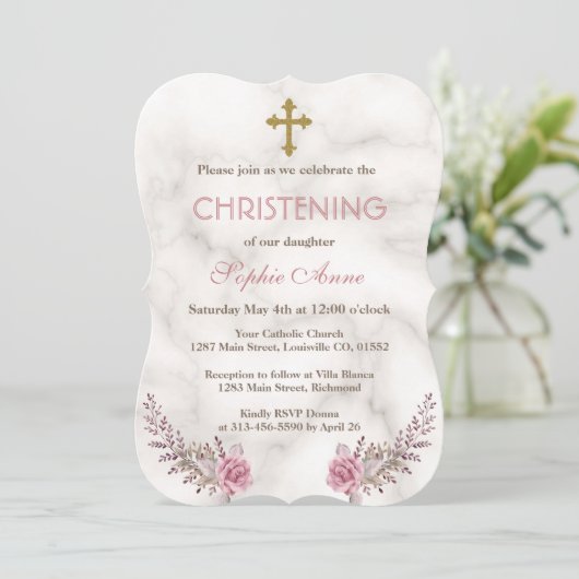 ピンク魅力的フローラマーブルガール《キリスト教》洗礼式や命名式 招待状 (スタンド正面)