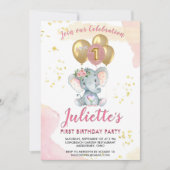 ピンク魅力的フローラ象ファースト誕生日ガール 招待状 (正面)