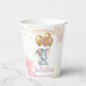 ピンク魅力的フローラ象ファースト誕生日ガール 紙コップ (裏面)