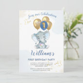 ピンク魅力的ブルーエレファントファースト誕生日ボーイ 招待状 (スタンド正面)