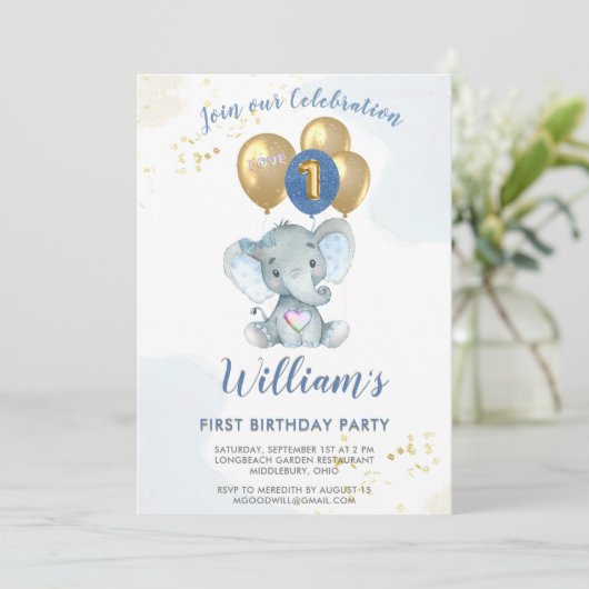 ピンク魅力的ブルーエレファントファースト誕生日ボーイ 招待状 (スタンド正面)