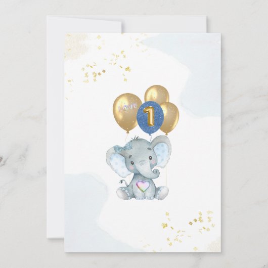 ピンク魅力的ブルーエレファントファースト誕生日ボーイ 招待状 (裏面)