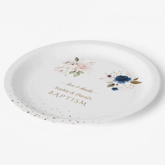 ピンク魅力的ブルー金ゴールド花双生児バプテスススクー ペーパープレート (アングル)