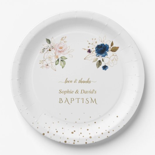 ピンク魅力的ブルー金ゴールド花双生児バプテスススクー ペーパープレート (正面)