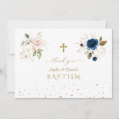 ピンク魅力的ブルー金ゴールド花双生児バプテスマ サンキューカード (正面)
