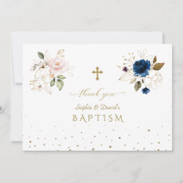 ピンク魅力的ブルー金ゴールド花双生児バプテスマ サンキューカード