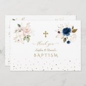 ピンク魅力的ブルー金ゴールド花双生児バプテスマ サンキューカード (正面/裏面)