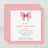 ピンク魅力的リボン弓女の子の赤ちゃんシャワー 招待状 (正面/裏面)
