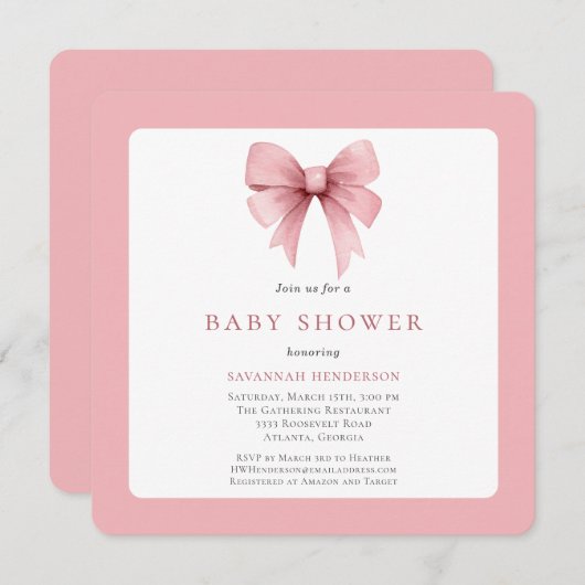 ピンク魅力的リボン弓女の子の赤ちゃんシャワー 招待状 (正面/裏面)