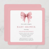 ピンク魅力的リボン弓女の子カップル赤ちゃんシャワー 招待状 (正面/裏面)