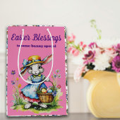 ピンク魅力的ヴィンテージガールイースターバニー ミディアムペーパーバッグ