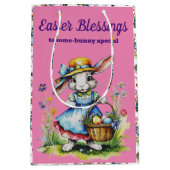ピンク魅力的ヴィンテージガールイースターバニー ミディアムペーパーバッグ (正面)