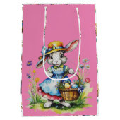 ピンク魅力的ヴィンテージガールイースターバニー ミディアムペーパーバッグ (裏面)
