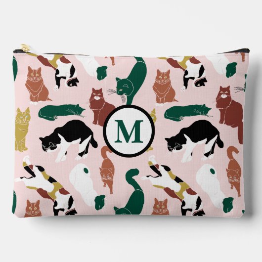 ピンク魅力的色の背景に手書き猫 アクセサリーポーチ (正面)
