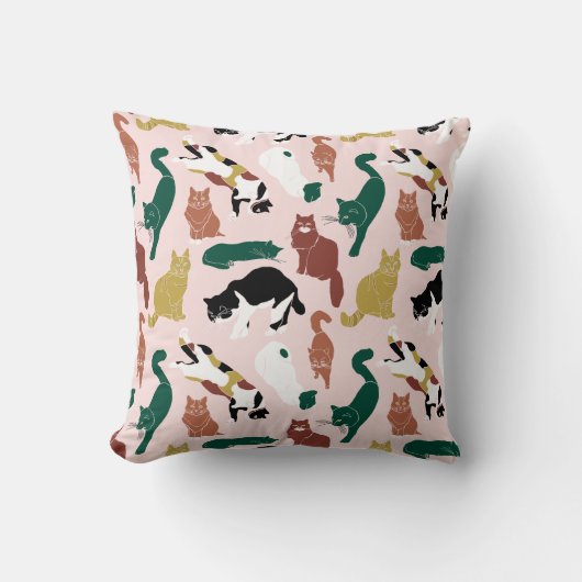 ピンク魅力的色の背景に手書き猫 クッション (正面)