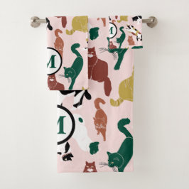 ピンク魅力的色の背景に手書き猫 バスタオルセット